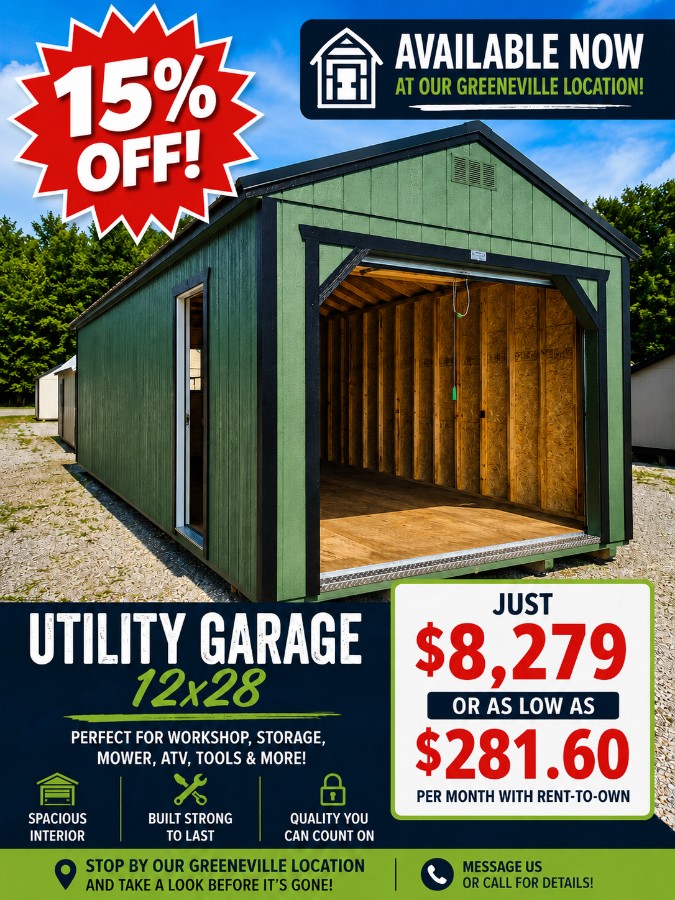 #25 Utility Garage – 12×28 SPECIAL PRICE ($8,279.00 or as low as / $281.60 month)