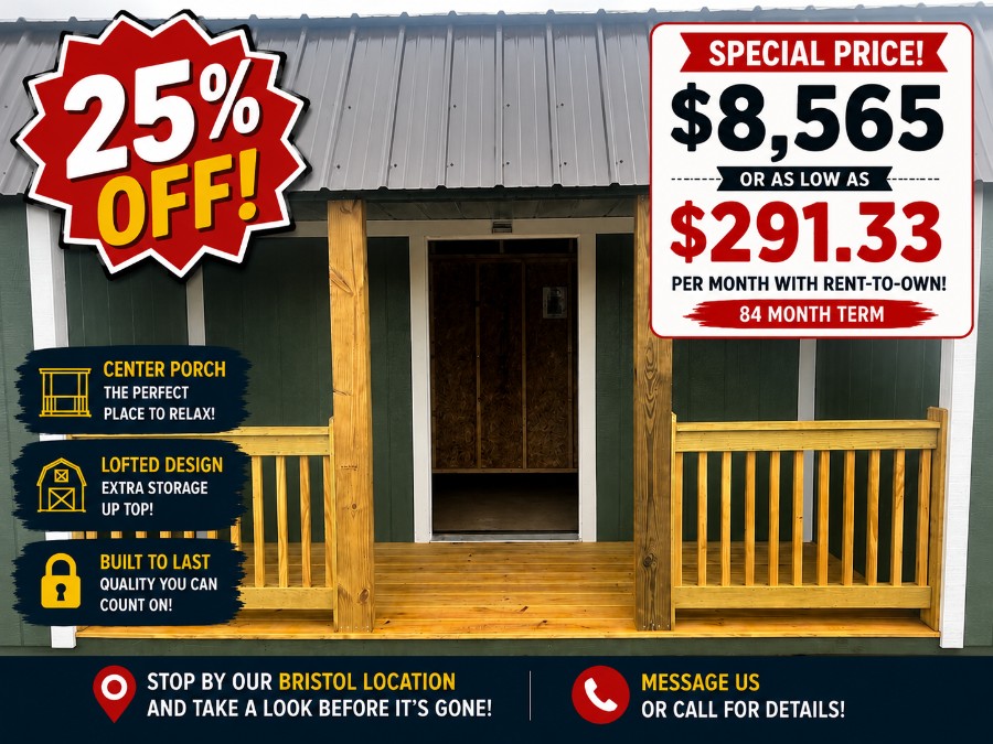 #15 Lofted Barn Center Porch - 12 X 28 SPECIAL PRICE ($8,565.00 or as low as 291.33/month)